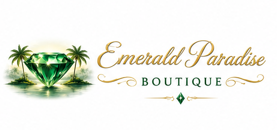 Emerald Paradise Boutique official artwork: emerald gemstone with palm trees and gold script lettering