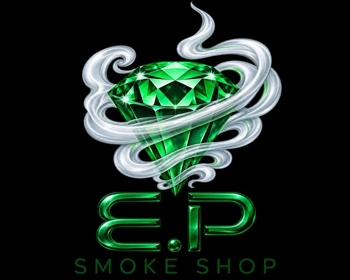EP Smoke Shop current published brand logo, emerald jewel and flowing smoke